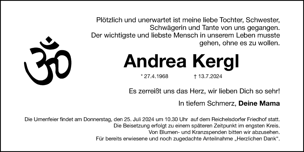  Traueranzeige für Andrea Kergl vom 20.07.2024 aus Gesamtausgabe Nürnberger Nachrichten/ Nürnberger Ztg.