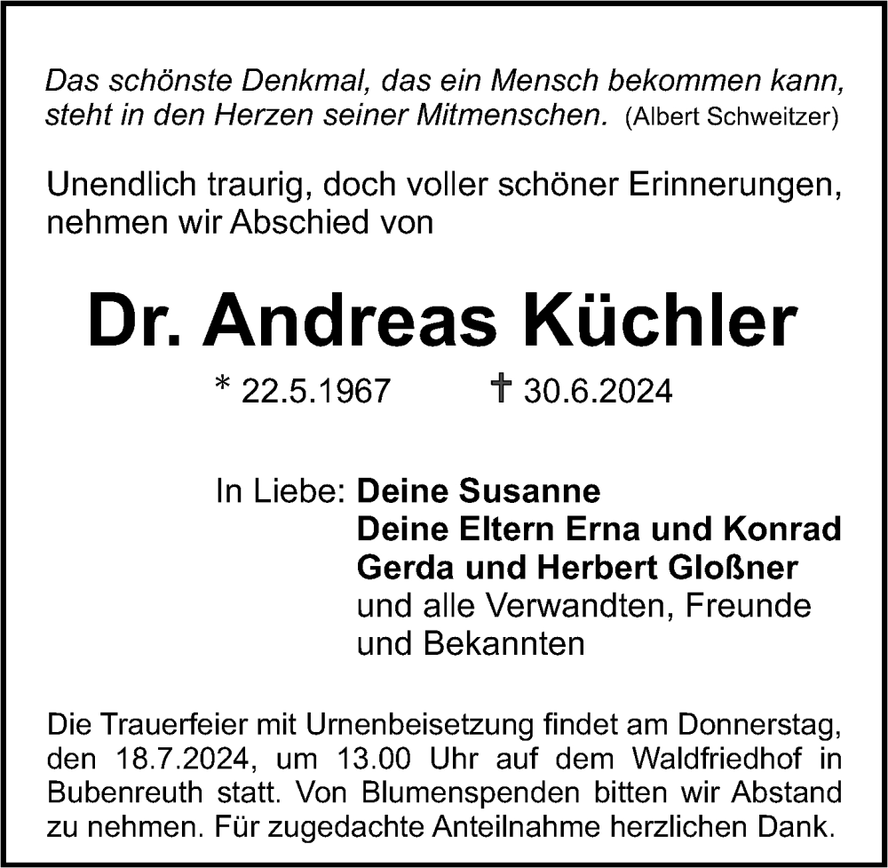  Traueranzeige für Andreas Küchler vom 06.07.2024 aus HEN,HRHV