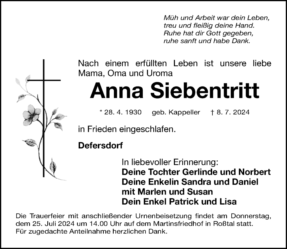  Traueranzeige für Anna Siebentritt vom 23.07.2024 aus Fürther Nachrichten Lokal