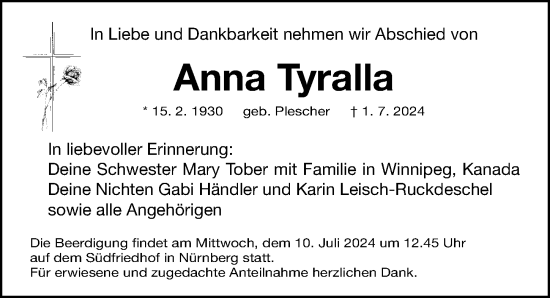 Traueranzeige von Anna Tyralla von Gesamtausgabe Nürnberger Nachrichten/ Nürnberger Ztg.