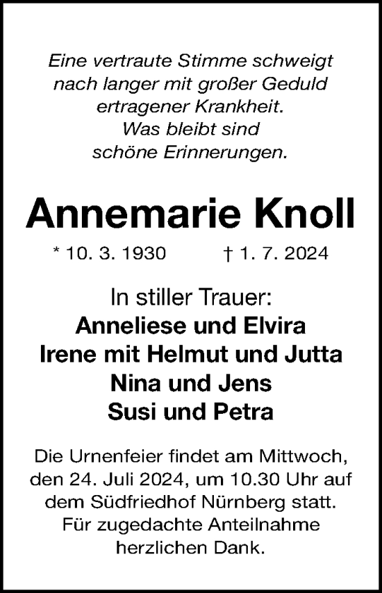 Traueranzeige von Annemarie Knoll von Gesamtausgabe Nürnberger Nachrichten/ Nürnberger Ztg.