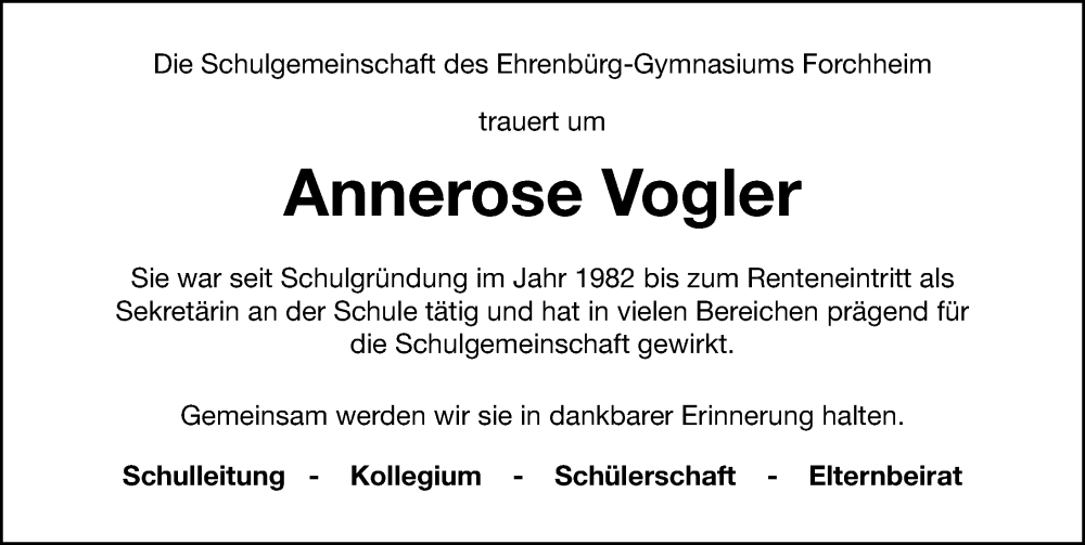  Traueranzeige für Annerose Vogler vom 06.07.2024 aus Nordbayerische Nachrichten Forchheim Lokal
