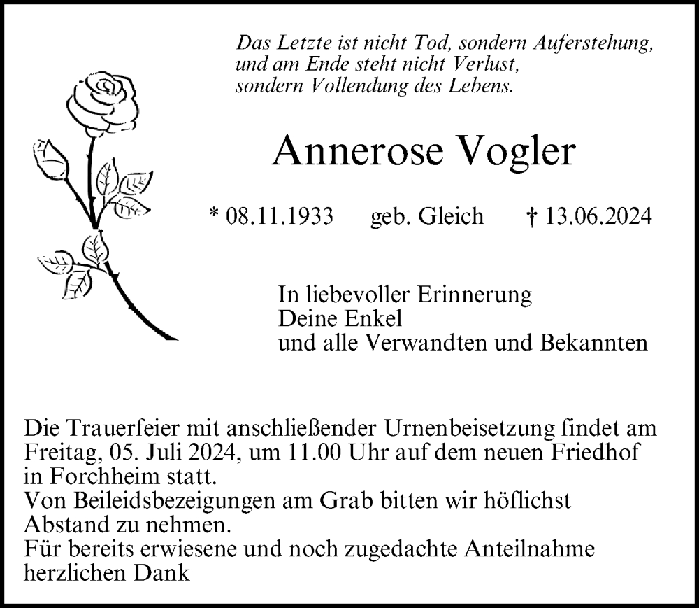  Traueranzeige für Annerose Vogler vom 03.07.2024 aus Nordbayerische Nachrichten Forchheim Lokal
