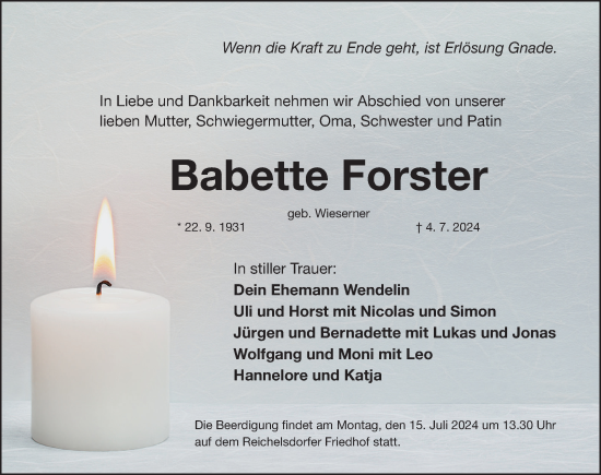 Traueranzeige von Babette Forster von Gesamtausgabe Nürnberger Nachrichten/ Nürnberger Ztg.