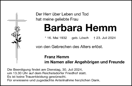 Traueranzeige von Barbara Hemm von Gesamtausgabe Nürnberger Nachrichten/ Nürnberger Ztg.