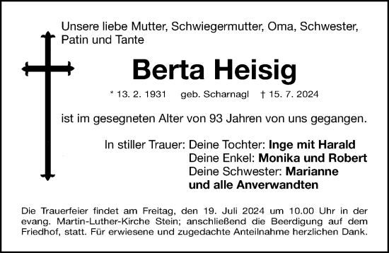 Traueranzeige von Berta Heisig von Gesamtausgabe Nürnberger Nachrichten/ Nürnberger Ztg.