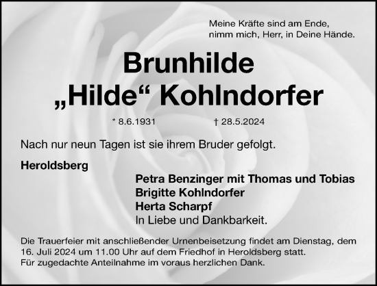 Traueranzeige von Brunhilde Kohlndorfer von Gesamtausgabe Nürnberger Nachrichten/ Nürnberger Ztg.
