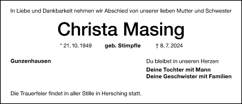  Traueranzeige für Christa Masing vom 12.07.2024 aus Altmühl-Bote Lokal