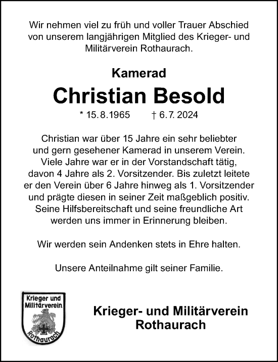 Traueranzeige von Christian Besold von Roth-Hilpoltsteiner Volkszeitung Lokal