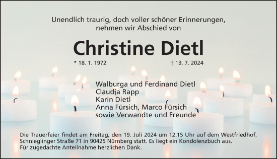 Traueranzeige von Christine Dietl von Gesamtausgabe Nürnberger Nachrichten/ Nürnberger Ztg.