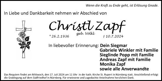 Traueranzeige von Christl Zapf von Gesamtausgabe Nürnberger Nachrichten/ Nürnberger Ztg.