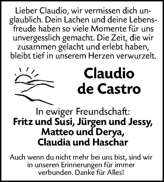 Traueranzeige von Claudio de Castro von Gesamtausgabe Nürnberger Nachrichten/ Nürnberger Ztg.