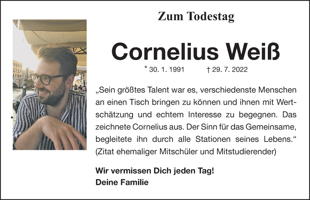  Traueranzeige für Cornelius Weiß vom 29.07.2024 aus Gesamtausgabe Nürnberger Nachrichten/ Nürnberger Ztg.