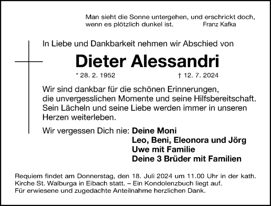 Traueranzeige von Dieter Alessandri von Gesamtausgabe Nürnberger Nachrichten/ Nürnberger Ztg.