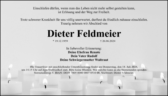 Traueranzeige von Dieter Feldmeier von Gesamtausgabe Nürnberger Nachrichten/ Nürnberger Ztg.