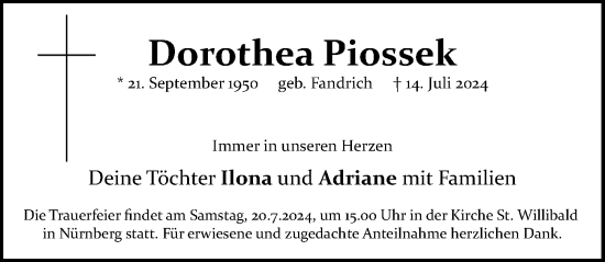 Traueranzeige von Dorothea Piossek von Gesamtausgabe Nürnberger Nachrichten/ Nürnberger Ztg.