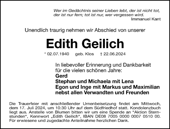 Traueranzeige von Edith Geilich von Gesamtausgabe Nürnberger Nachrichten/ Nürnberger Ztg.