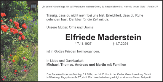 Traueranzeige von Elfriede Maderstein von Gesamtausgabe Nürnberger Nachrichten/ Nürnberger Ztg.