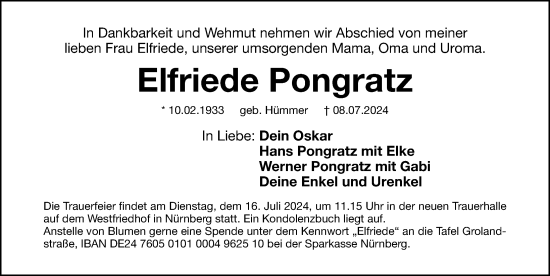 Traueranzeige von Elfriede Pongratz von Gesamtausgabe Nürnberger Nachrichten/ Nürnberger Ztg.