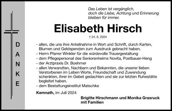 Traueranzeige von Elisabeth Hirsch von Neumarkter Nachrichten Lokal