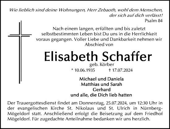 Traueranzeige von Elisabeth Schaffer von Gesamtausgabe Nürnberger Nachrichten/ Nürnberger Ztg.