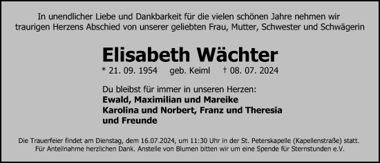 Traueranzeige von Elisabeth Wächter von Gesamtausgabe Nürnberger Nachrichten/ Nürnberger Ztg.