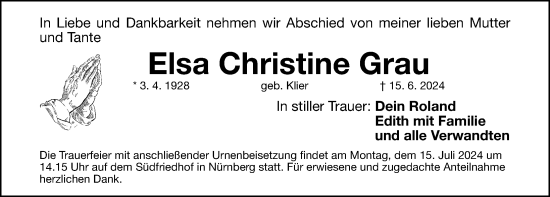 Traueranzeige von Elsa Christine Grau von Gesamtausgabe Nürnberger Nachrichten/ Nürnberger Ztg.