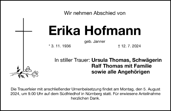 Traueranzeige von Erika Hofmann von Gesamtausgabe Nürnberger Nachrichten/ Nürnberger Ztg.