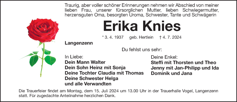  Traueranzeige für Erika Knies vom 10.07.2024 aus Fürther Nachrichten Lokal