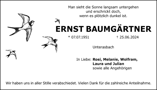 Traueranzeige von Ernst Baumgärtner von Altmühl-Bote Lokal