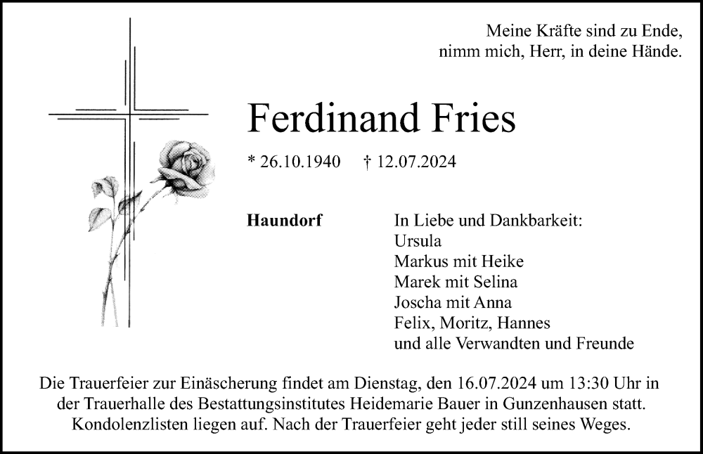 Traueranzeige für Ferdinand Fries vom 15.07.2024 aus Altmühl-Bote Lokal