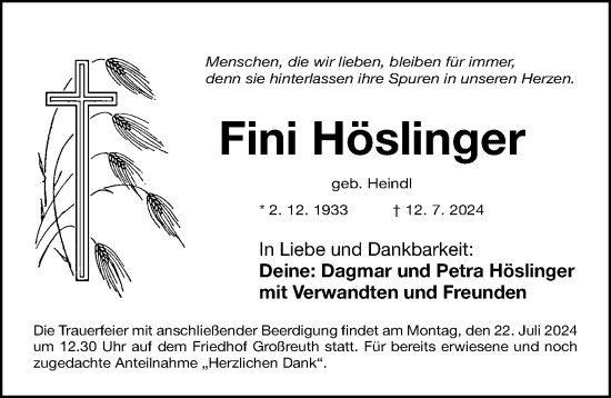 Traueranzeige von Fini Höslinger von Gesamtausgabe Nürnberger Nachrichten/ Nürnberger Ztg.