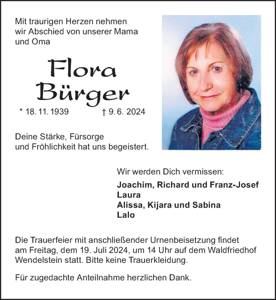 Traueranzeige von Flora Bürger von Schwabacher Tagblatt Lokal