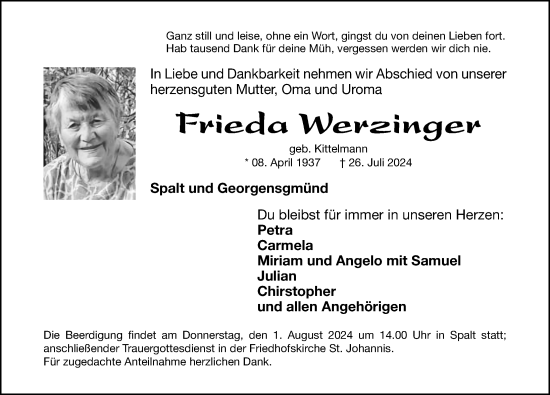 Traueranzeige von Frieda Werzinger von Roth-Hilpoltsteiner Volkszeitung Lokal