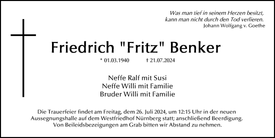 Traueranzeige von Friedrich Benker von Gesamtausgabe Nürnberger Nachrichten/ Nürnberger Ztg.