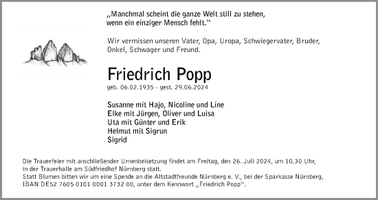 Traueranzeige von Friedrich Popp von Gesamtausgabe Nürnberger Nachrichten/ Nürnberger Ztg.