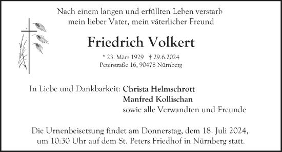 Traueranzeige von Friedrich Volkert von Gesamtausgabe Nürnberger Nachrichten/ Nürnberger Ztg.