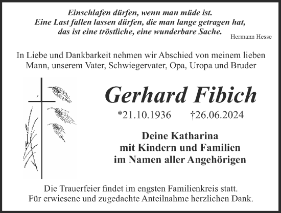 Traueranzeigen Von Gerhard Fibich 