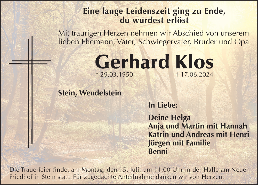  Traueranzeige für Gerhard Klos vom 06.07.2024 aus Gesamtausgabe Nürnberger Nachrichten/ Nürnberger Ztg.