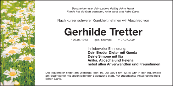 Traueranzeige von Gerhilde Tretter von Gesamtausgabe Nürnberger Nachrichten/ Nürnberger Ztg.