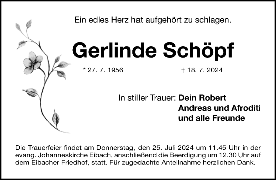 Traueranzeige von Gerlinde Schöpf von Gesamtausgabe Nürnberger Nachrichten/ Nürnberger Ztg.