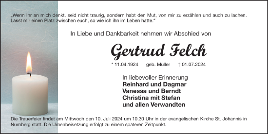 Traueranzeige von Gertrud Felch von Gesamtausgabe Nürnberger Nachrichten/ Nürnberger Ztg.