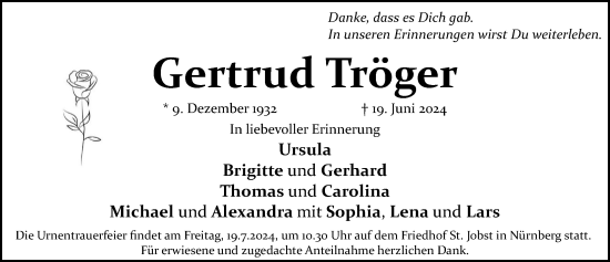 Traueranzeige von Gertrud Tröger von Gesamtausgabe Nürnberger Nachrichten/ Nürnberger Ztg.