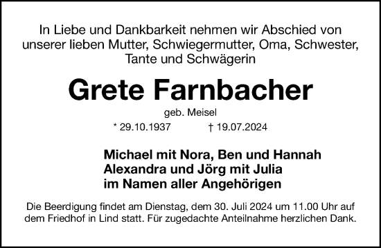 Traueranzeige von Grete Farnbacher von Gesamtausgabe Nürnberger Nachrichten/ Nürnberger Ztg.