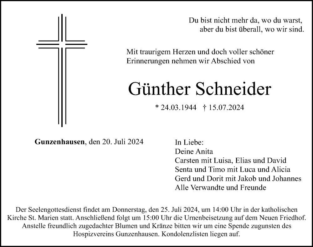  Traueranzeige für Günther Schneider vom 20.07.2024 aus Altmühl-Bote Lokal