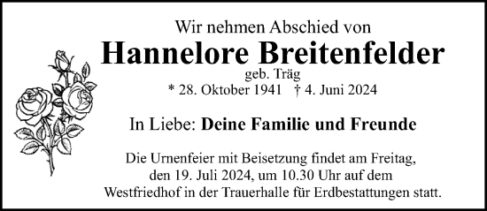 Traueranzeige von Hannelore Breitenfelder von Gesamtausgabe Nürnberger Nachrichten/ Nürnberger Ztg.