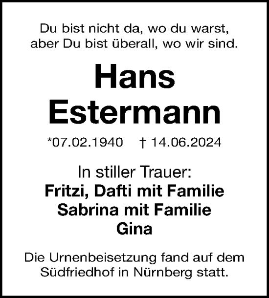 Traueranzeige von Hans Estermann von Gesamtausgabe Nürnberger Nachrichten/ Nürnberger Ztg.