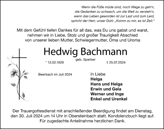 Traueranzeige von Hedwig Bachmann von Schwabacher Tagblatt Lokal