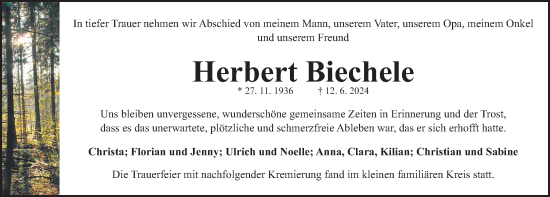 Traueranzeige von Herbert Biechele von Gesamtausgabe Nürnberger Nachrichten/ Nürnberger Ztg.
