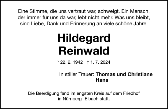 Traueranzeige von Hildegard Reinwald von Gesamtausgabe Nürnberger Nachrichten/ Nürnberger Ztg.